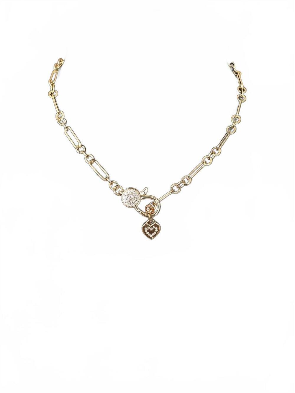 GUESS Gold Tone Toggle Necklace Rhinestone Heart Charm 18-20" NWT